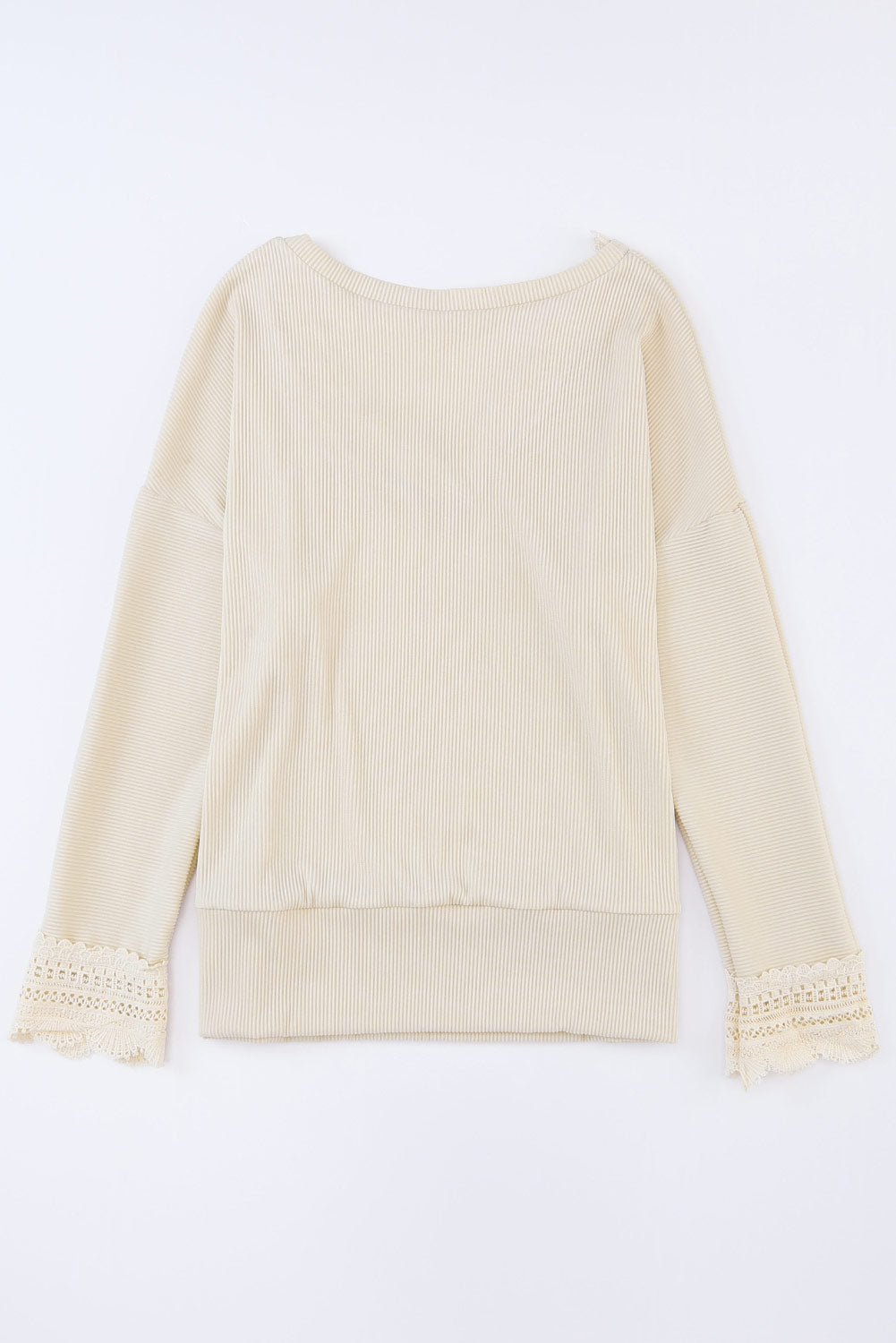 White Ribbed Texture Lace Trim V Neck Long Sleeve Top