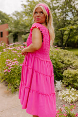 Pink Plus Size Solid Frill Tiered V Neck Smocked Dress