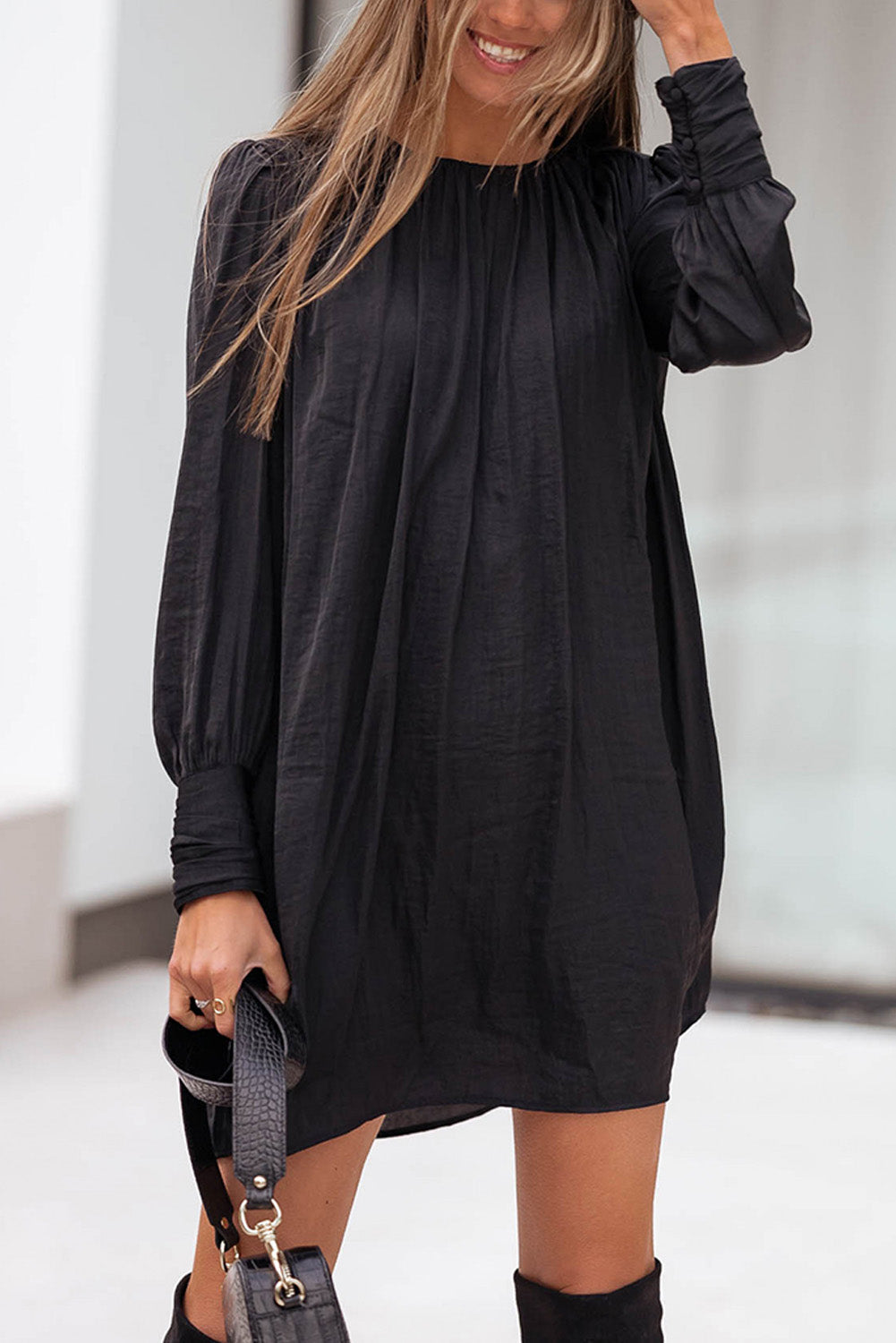 Black Solid Bishop Sleeve Pleated Mini Dress