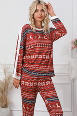 Red Reindeer Geometric Print Top and Skinny Pants Lounge Set