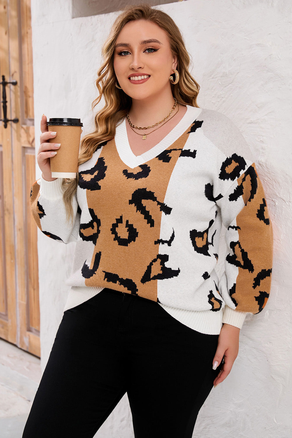 Orange Leopard Print Colorblock Drop Shoulder Plus Size Sweater