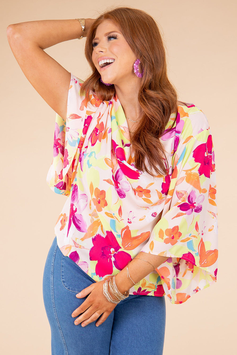 Multicolor Floral Print Cowl Neck Plus Size Blouse