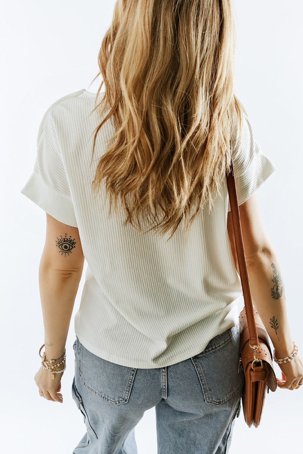 White Ribbed Texture Buttoned Shoulder Top