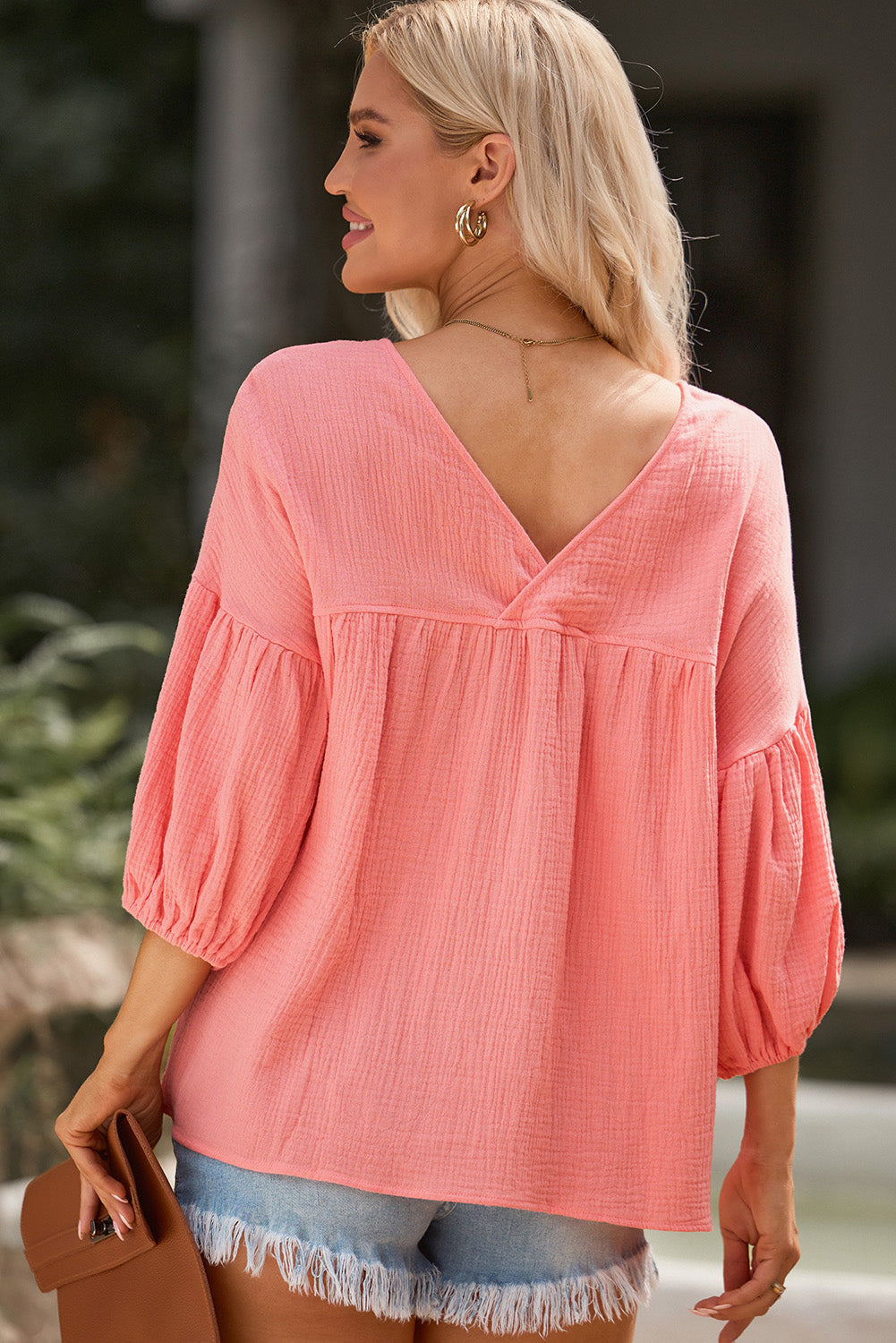 Pink Textured V Neck Bracelet Sleeve Babydoll Blouse