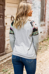 Round Neck Tribal Striped Raglan Top