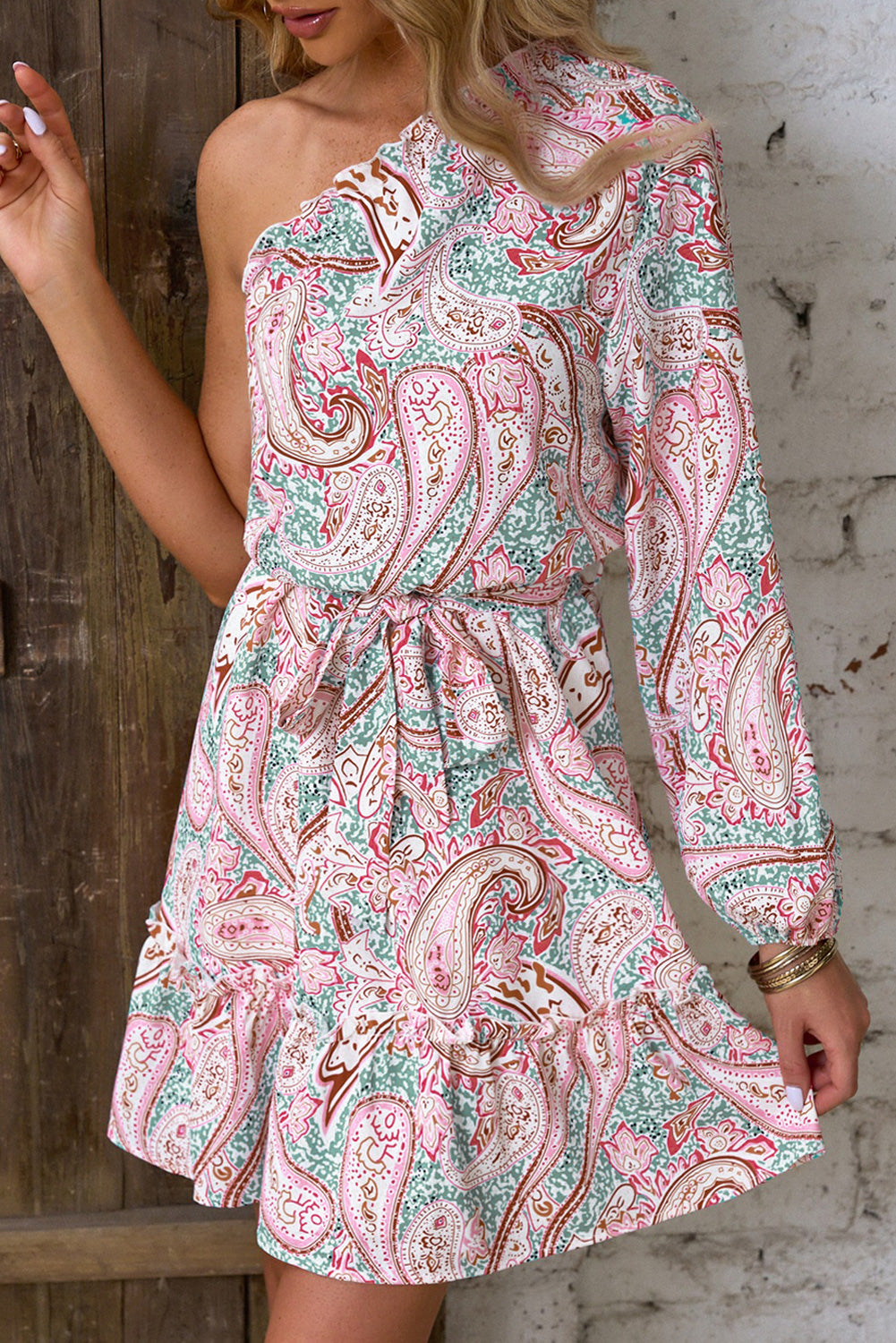 Pink Paisley Print One Shoulder Lace-up High Waist Mini Dress