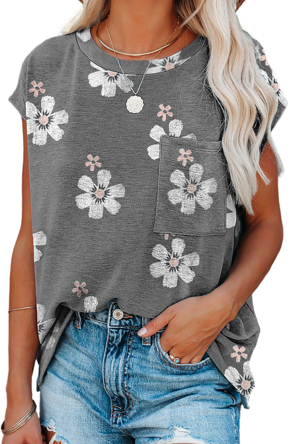 Black Floral Cap Sleeve T-Shirt with Pocket