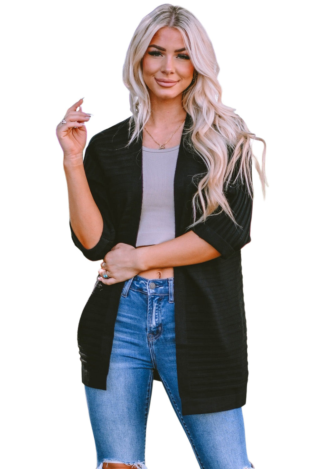Red Ribbed Open Front Knit Cardigan