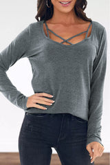 Gray Strappy Neck Detail Long Sleeve Top