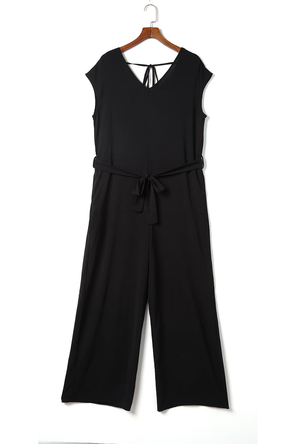 Black Sleeveless V Neck Belted Wide Leg Jumpsuit