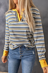 Striped Knit Button Neck Long Sleeve Top