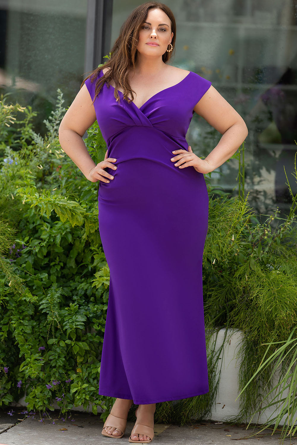 Purple Plus Size Fit and Flare Pleated V Neck Maxi Dress