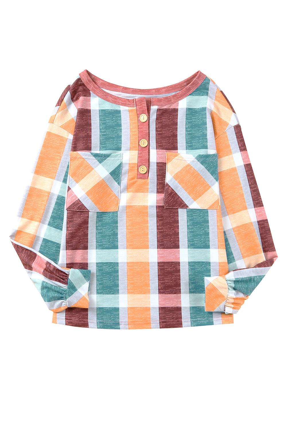 Orange Plaid Print Buttons Long Sleeve Top