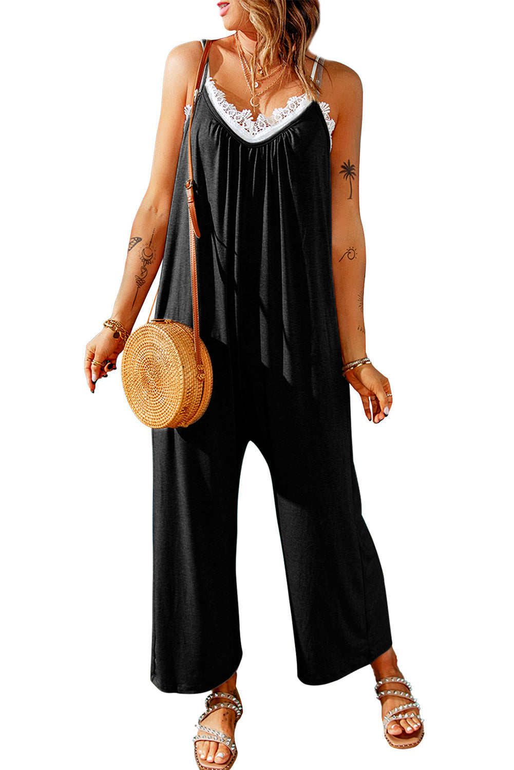 Black Spaghetti Straps Wide Leg Pocketed Jumpsuits