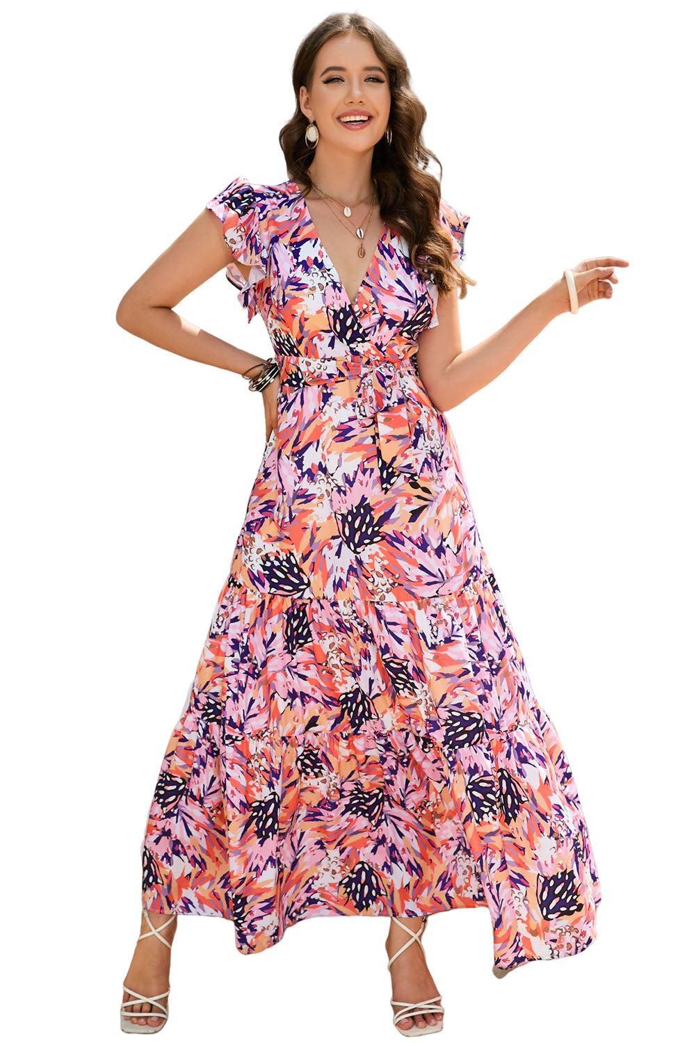 Multicolor Sleeveless Ruffled Lace-up High Waist Floral Maxi Dress