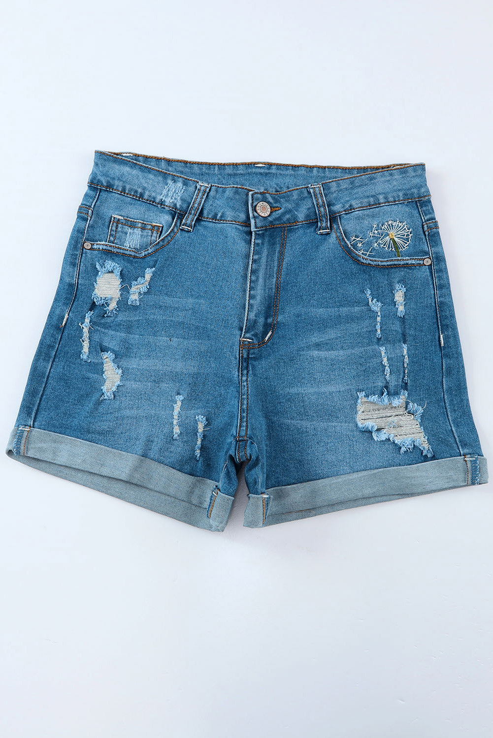 Sky Blue Dandelion Embroidered Ripped Denim Shorts