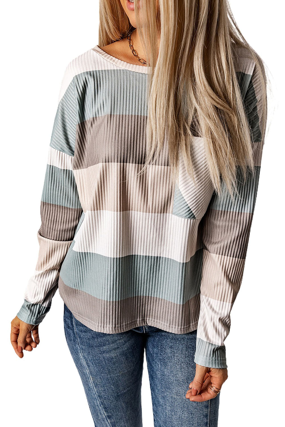 Red Striped Colorblock Ribbed Knit Top with Pocket