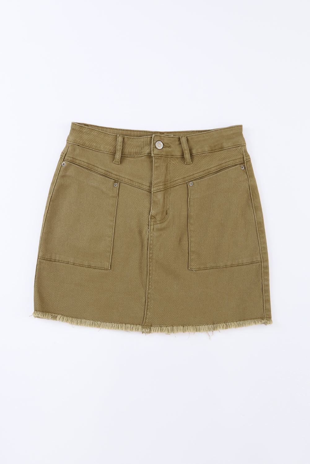 Brown High Waist Pocketed Frayed Hem Mini Denim Skirt