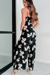 Black Tie Decor V Neck Floral Wide Leg Jumpsuit