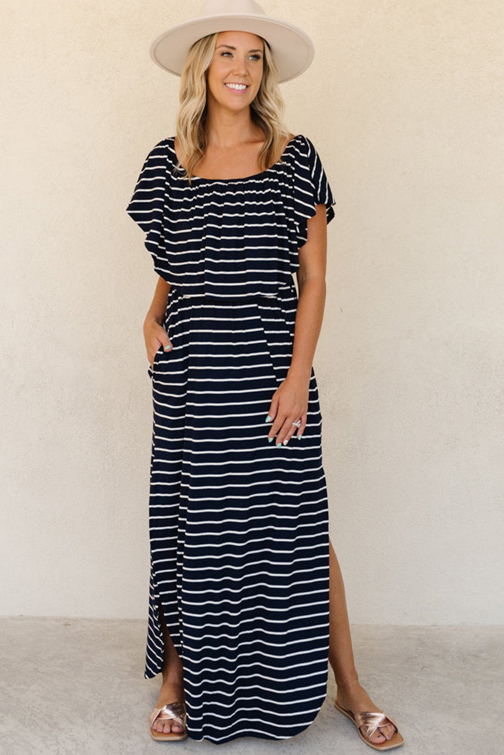 Blue Striped Print Ruffled High Waist Maxi Dress with Side Splits