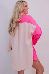 Pink Color Block Patchwork Oversized Shirt