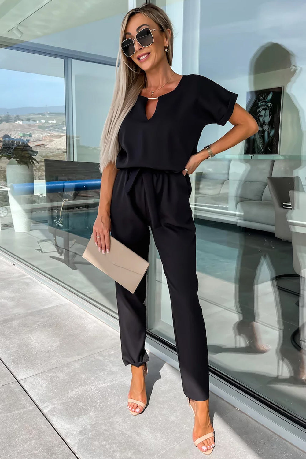 Black Metallic Neck Decor Belted High Waist Jumpsuit