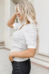 White Striped Print Notch V Neck Short Sleeve Top