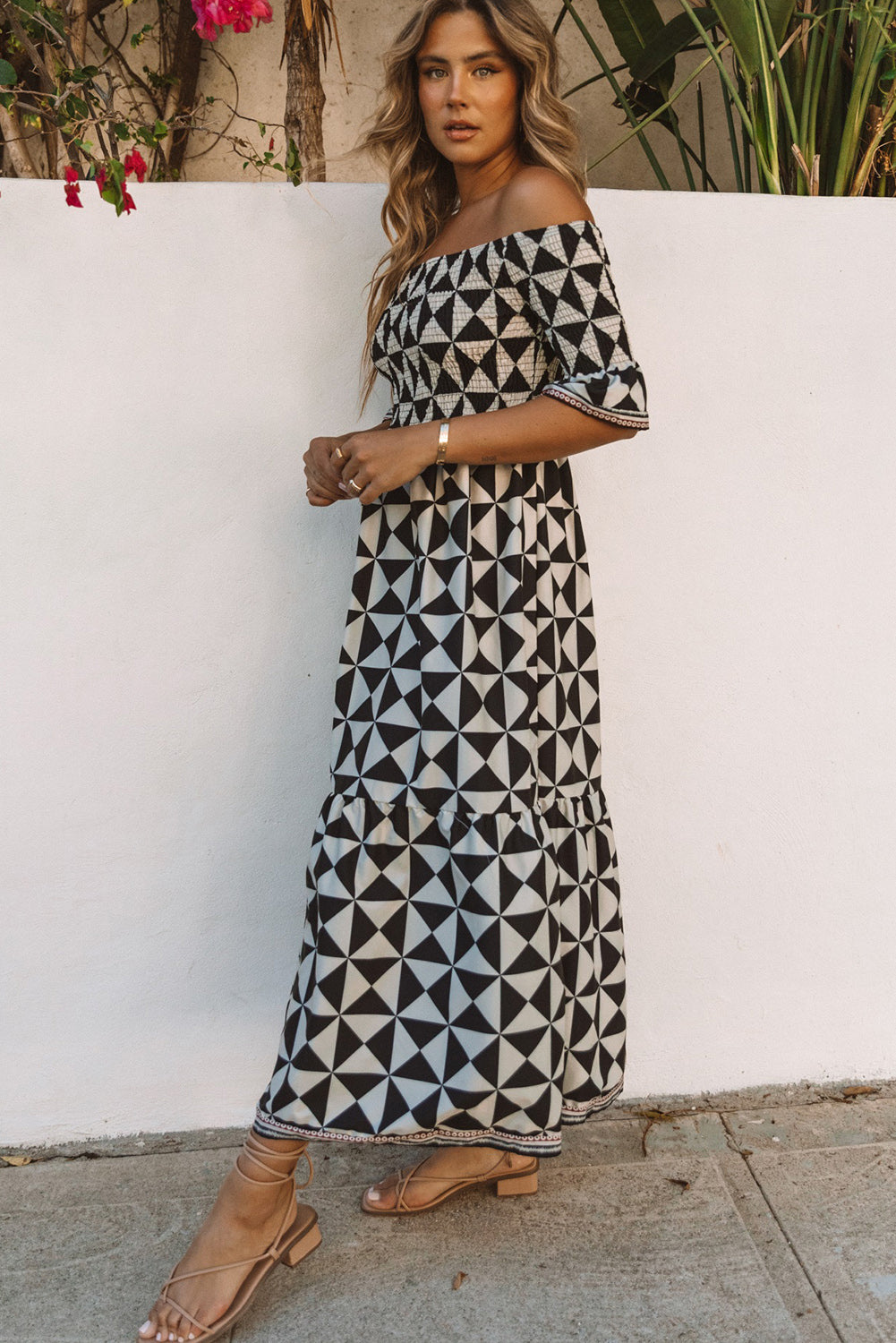 Black Printed Smocked Off Shoulder Ruffle Sleeve Maxi Dress