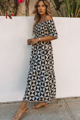 Black Printed Smocked Off Shoulder Ruffle Sleeve Maxi Dress