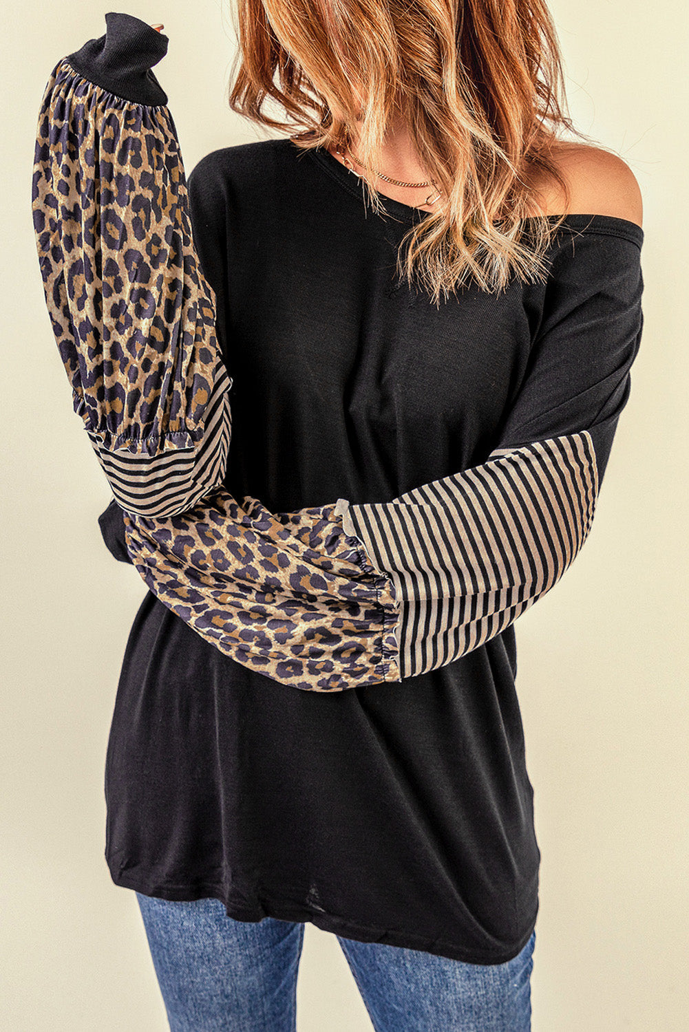 Black Leopard Striped Print Sleeve Colorblock Top