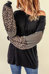 Black Leopard Striped Print Sleeve Colorblock Top