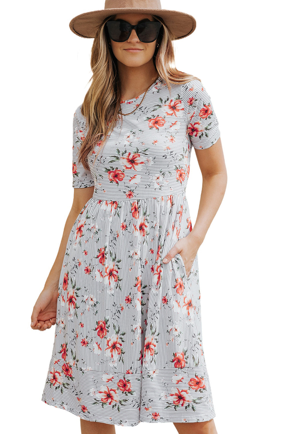 Striped Flower Short Sleeve Flowy Midi Dress
