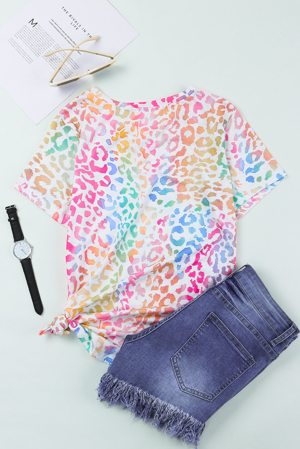 Colorful Leopard V Neck Short Sleeve Top