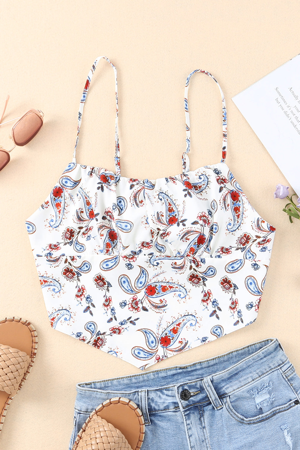 White Paisley Print Spaghetti Straps Tank Top