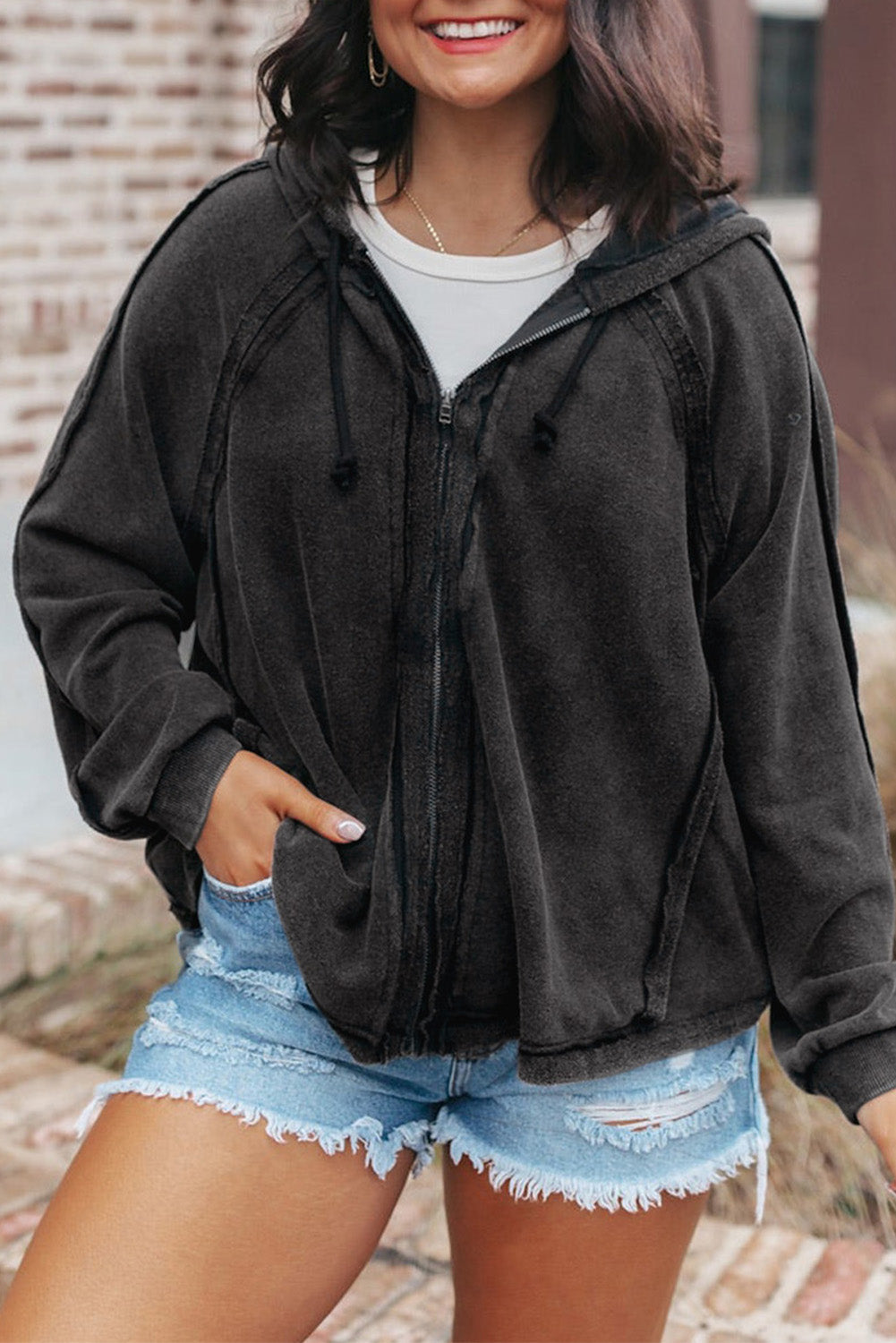 Sky Blue Solid Color Oversized Zip Up Hoodie with Pockets