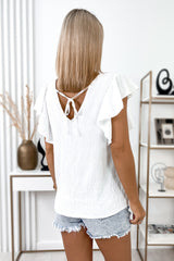 White V Neck Ruffle Sleeve Loose Top