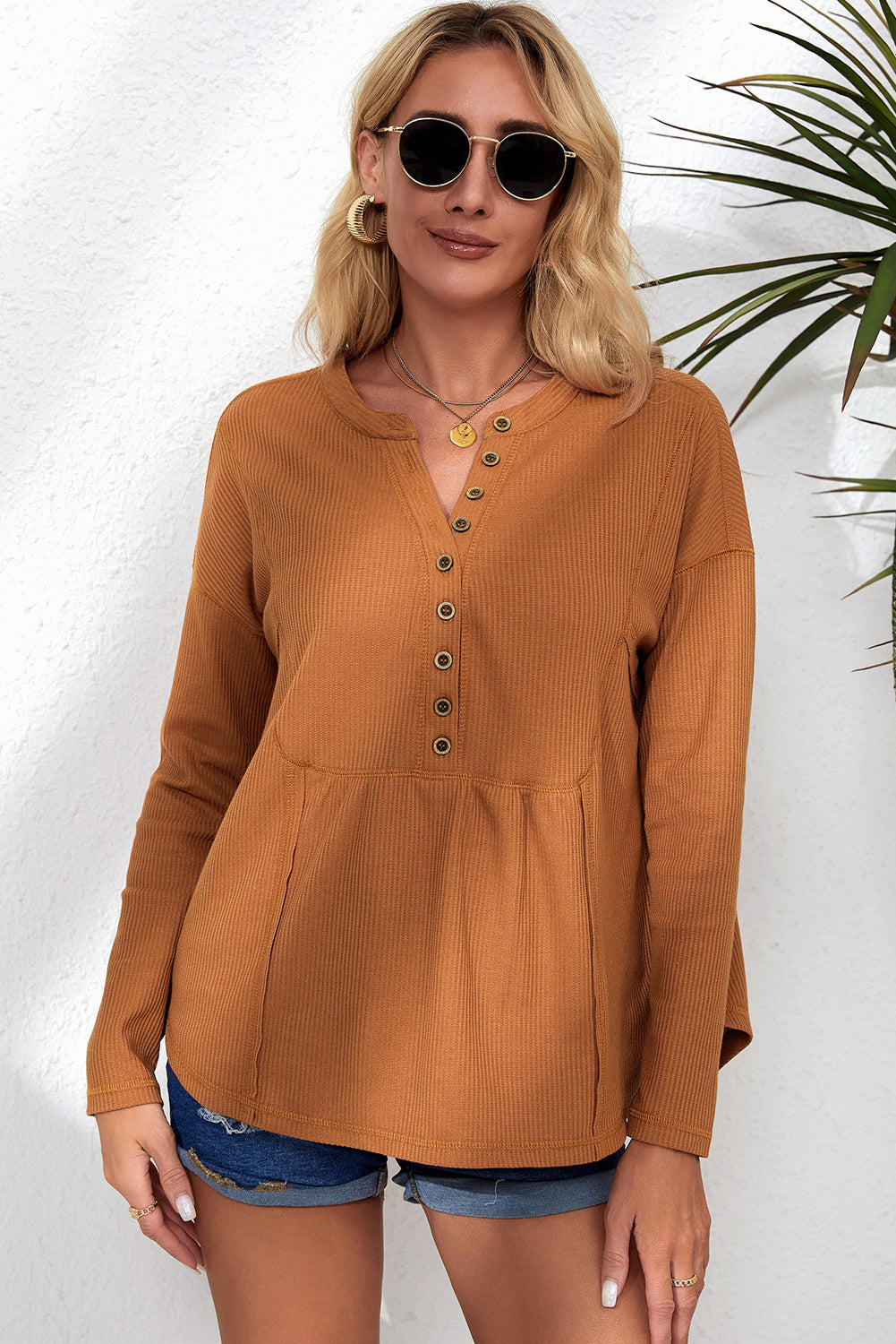 Brown Waffle Knit Half Button Henley Top