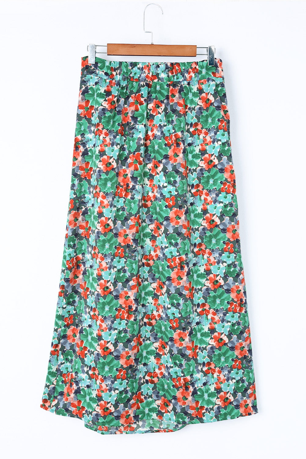 Green Floral Print Pleated Slit Skirt