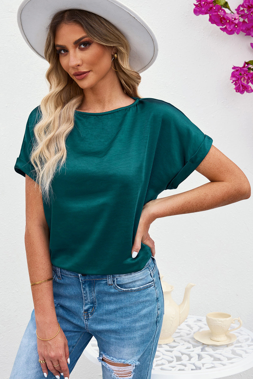 Green Solid Color Short Sleeve T Shirt