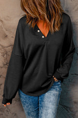 Black Buttoned V Neck Cotton Loose Fit Top