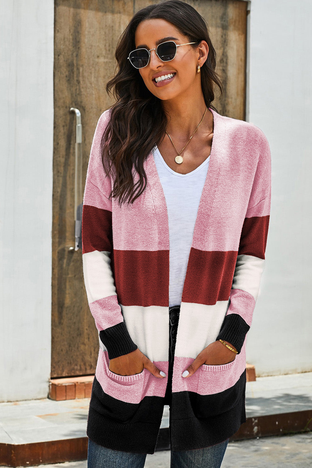 Khaki Open Front Colorblock Cardigan with Pockets