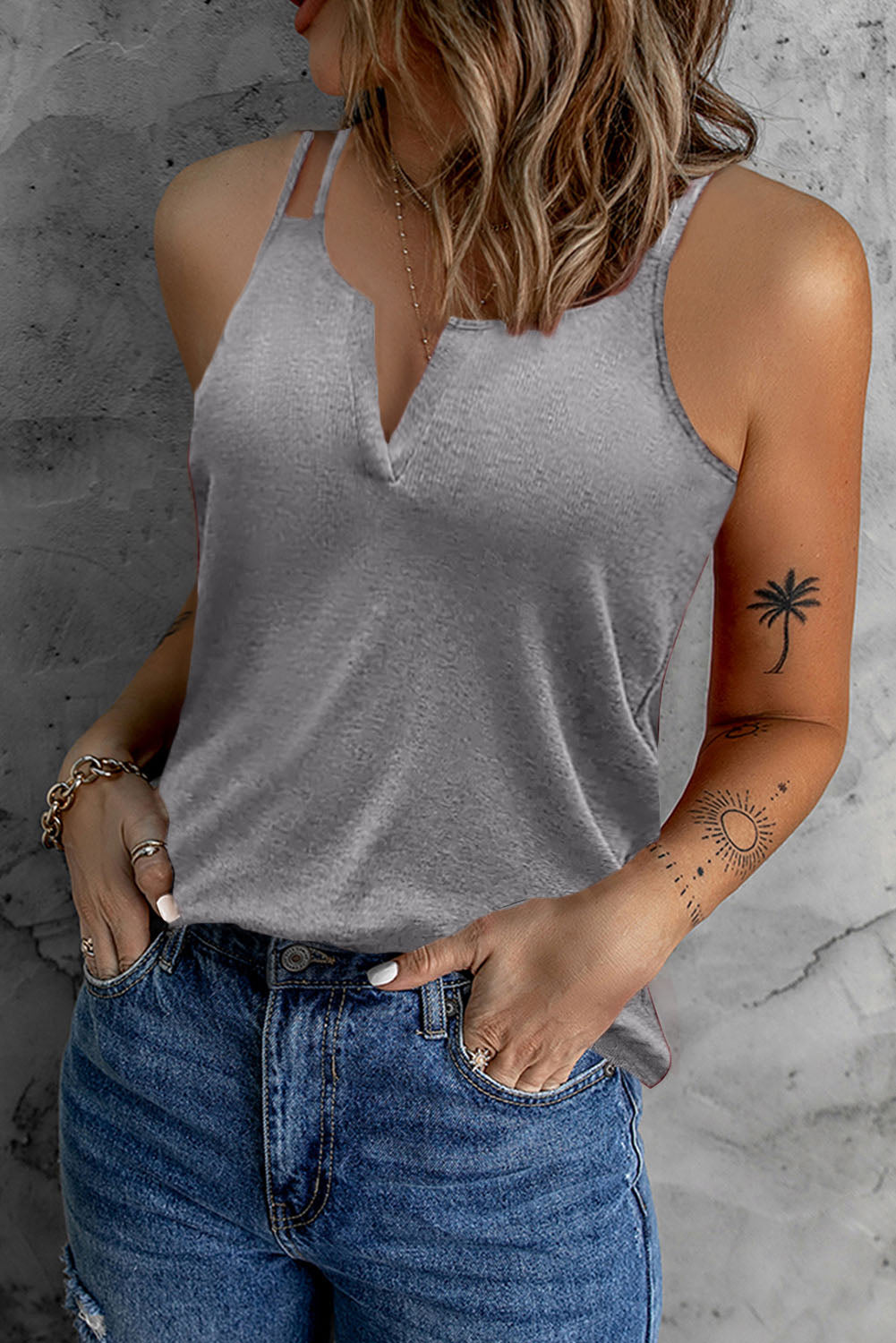 Gray Dual Straps Notched Neck Knit Tank Top