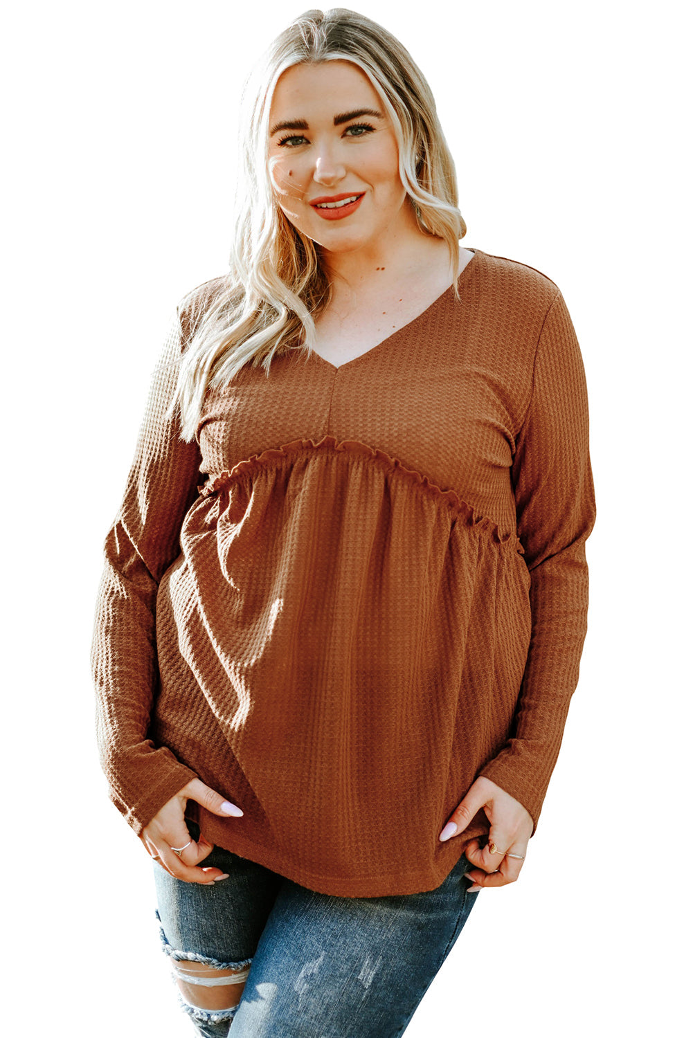 Orange Plus Size Ruffled Waffle Knit Top