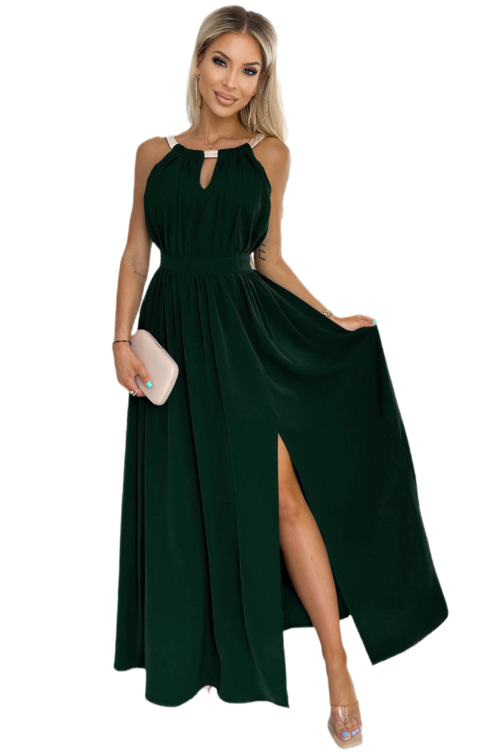 Green Glitter Trim Cutout Strapless Slit Party Dress