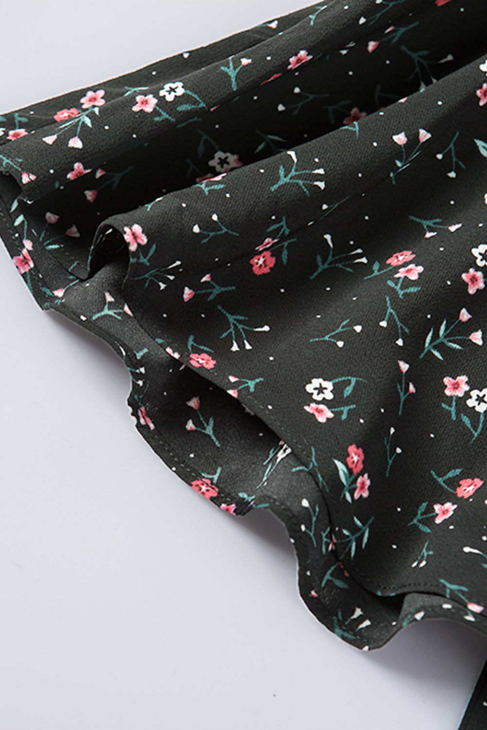 Black Floral Print Belted Ruffled V Neck Sleeveless Top