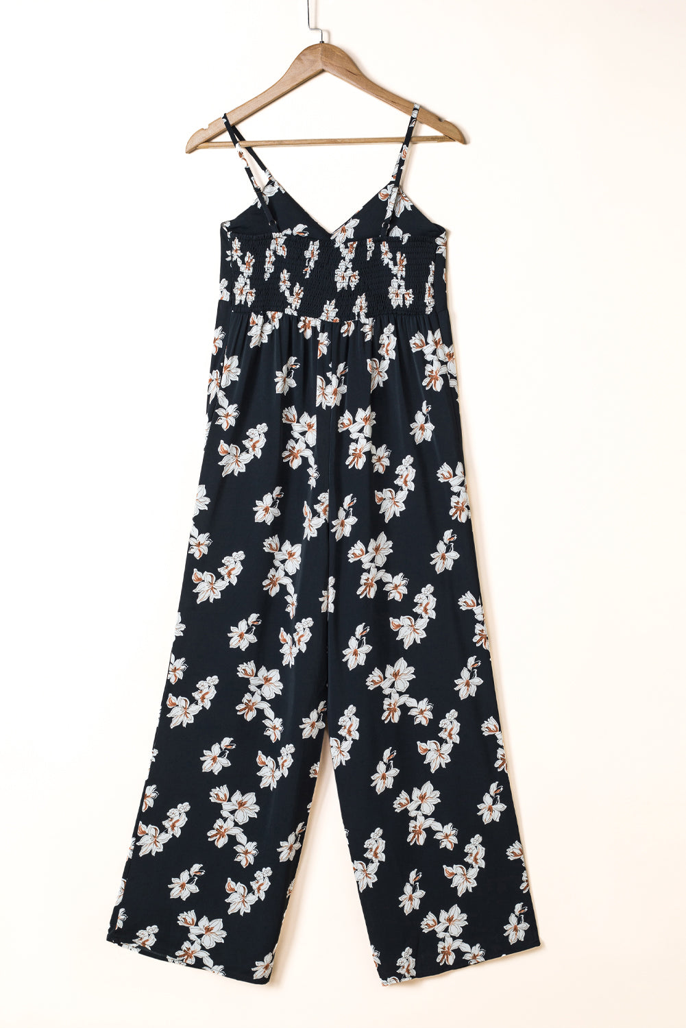 Black Tie Decor V Neck Floral Wide Leg Jumpsuit