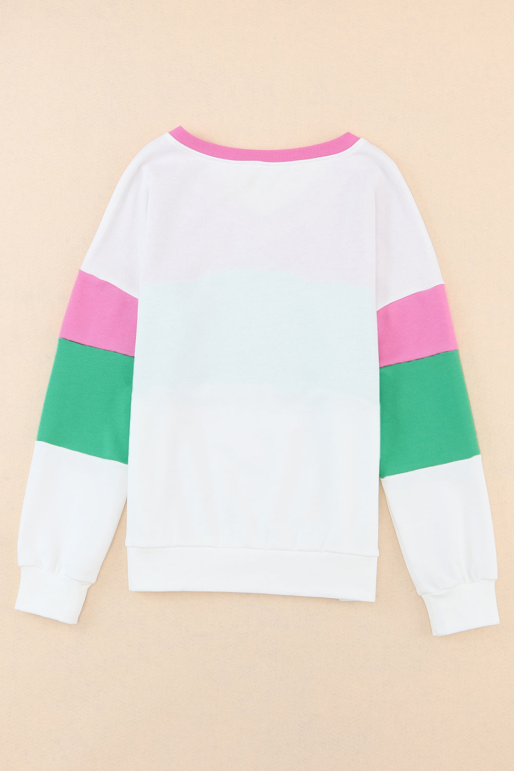 Pink Ribbed V Neck Color Block Patchwork Sweatshirt