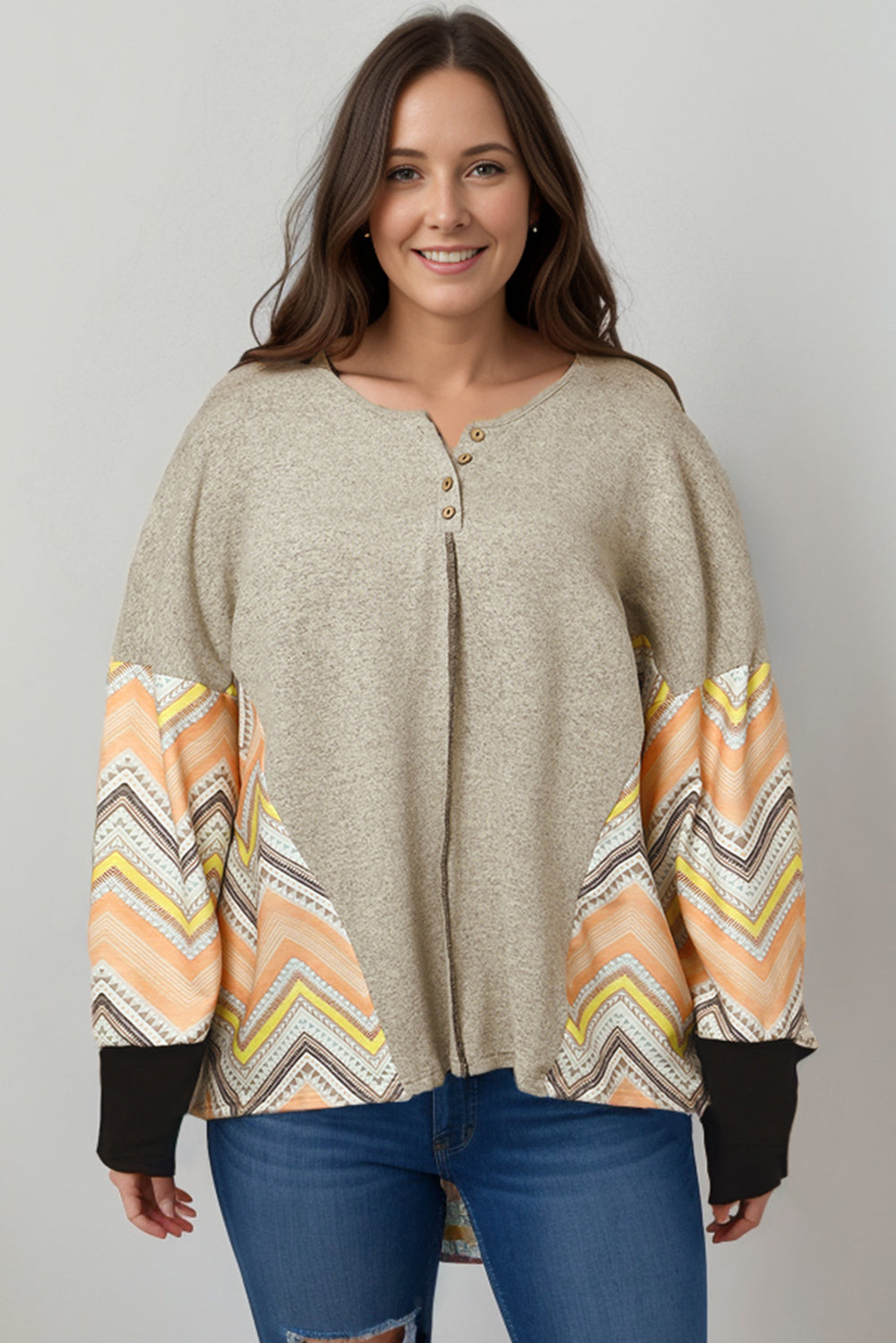 Gray Plus Size Chevron Sleeves Top