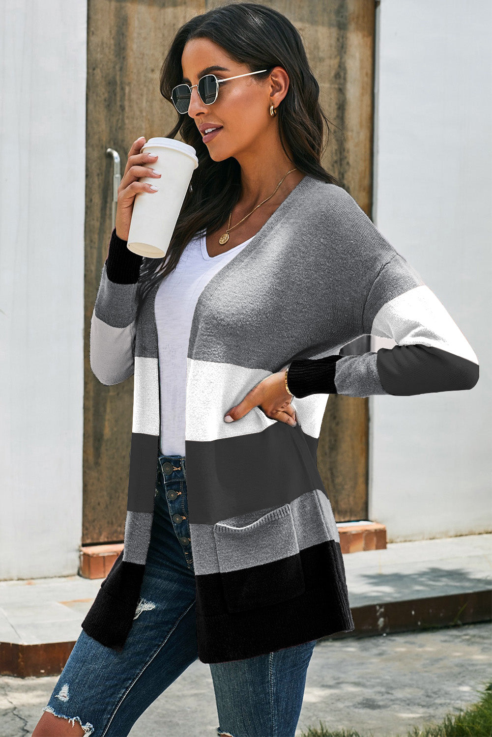 Khaki Open Front Colorblock Cardigan with Pockets