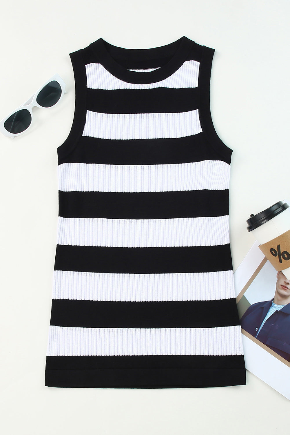 White Striped Print Knitted Tank Top